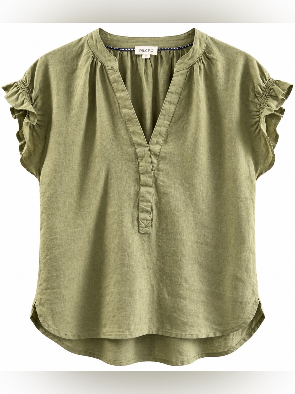Pilcro Anthropologie 100% Linen Olive Green Ruffle Sleeve Blouse Size S